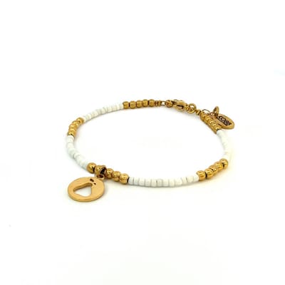 CO88 Colection 8CB-91018 Stalen Armband met Kralen - Dames - Goudkleurig - 3 mm - Wit - 2,5 mm - Peer - 10 mm - 16,5 + 3 cm