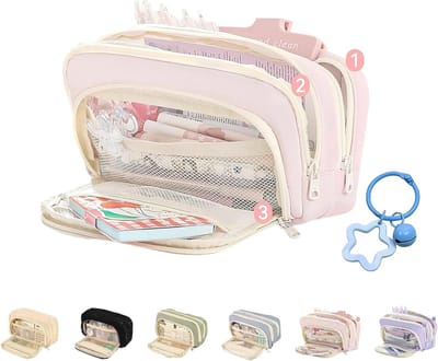 Grote etui - Pennendoos opberger - Kantoor school - Drie compartimenten - 21x12x7 cm - Roze
