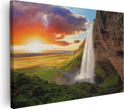 Artaza Canvas Schilderij Zonsondergang - 30x20 cm - Klein - Wanddecoratie Landschap - Muurdecoratie Natuur - Kamer Accessoires Waterval IJsland
