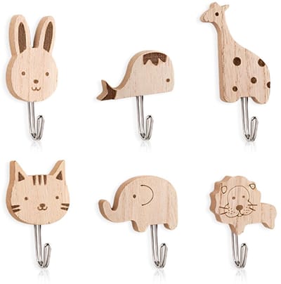 Unyqoos® Set van 6 zelfklevende houten wandhaken met dierlijke vormen voor kinderkamer
