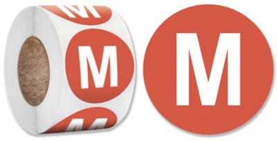 500 M Kledingmaat stickers op rol - rond rood label met maat - 25mm