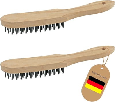 2x staalborstels I 2-rijig I 27 cm lang I met houten handvat I remklauwborstels grillborstels krasborstels metaalborstels handstaalborstelset hoeklasborstels staalborstel
