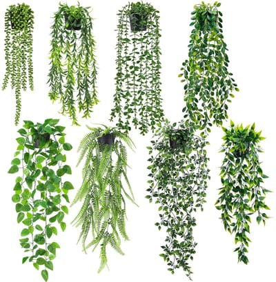 Rose 8 stuks kunstmatige hangende planten met potten, kunstmatige eucalyptus wijnstokken, kunstmatige hangende planten voor kamer, muur, plank, buitendecoratie