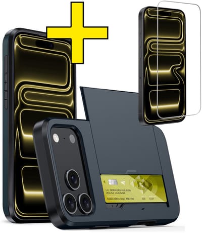 Hoesje Geschikt voor iPhone 17 Pro Hoesje Case Pashouder Hard Cover Met Screenprotector - Hoes Geschikt voor iPhone 17 Pro Hoesje Met Kaarthouder - Donkerblauw
