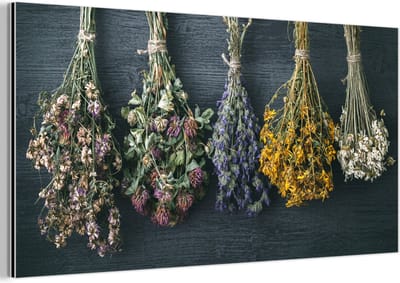 Aluminium schilderij 160x80 cm - Wanddecoratie metaal - Droogbloemen - Bloemen - Boeket - Stilleven - Touw - Bundel - Metalen muurdecoratie woonkamer - Decoratie industrieel - Foto op dibond - Industriële accessoires slaapkamer