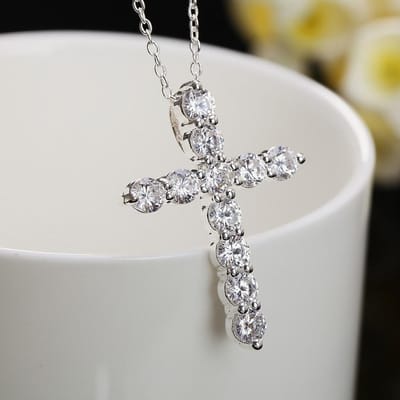 Luxe 925 Sterling Zilveren Ketting Voor Vrouwen Glanzende kristallen kruis Hanger 18 inch Mode bruiloft feest Sieraden Kerstcadeaus 45cm 18inches white
