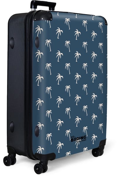 NoBoringSuitcases.com® - Koffer groot - Reiskoffer lichtgewicht - Blauw met beige palmbomen print - Rolkoffer met 4 wielen - Grote trolley XL - 98 liter bagage