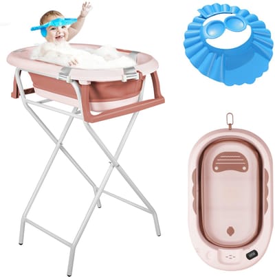 PIPIPOXER-Babybadje Opvouwbaar - Babybad met standaard - Peuterbadje - Opvouwbaar bad kinderen - Incl Badkussen - Roze
