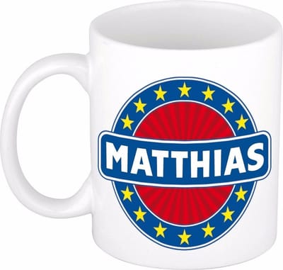 Bellatio Decorations - Matthias voornaam - koffiemok - beker - wit/blauw - 300 ml - Cadeau - Heren - Collega - Vaderdag - Verjaardag
