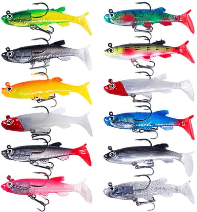 12 stuks - Kunstaas - Visaas - Jerkbaits - Softbait - Crankbaits - Rubberen vis - Kunstaas set - met drie haken, T-staart - voor het vissen op roofvissen zoals snoek, forel, baars en karper - 8 cm