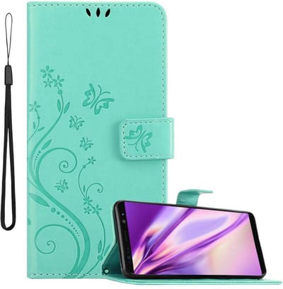 Cadorabo Hoesje geschikt voor Samsung Galaxy NOTE 8 in BLOEMEN TURKOOIS - Beschermhoes in bloemmotief met magnetische sluiting, standfunctie en kaartsleuven Book Case Cover Etui
