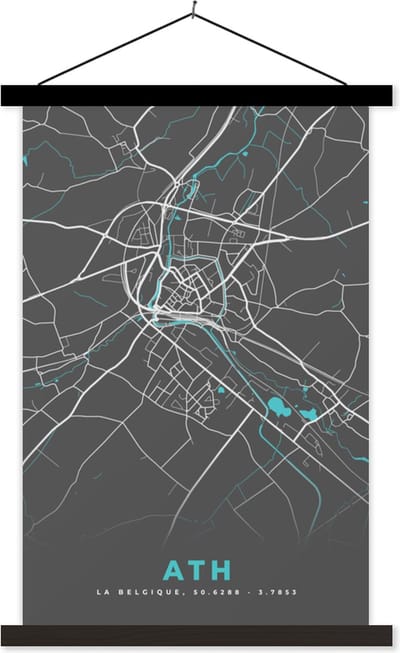 Posterhanger incl. Poster 40x60 cm - Schoolplaat - Stadskaart – Grijs - Kaart – Ath – België – Plattegrond - Textielposter - Zwarte latten - Stadskaart