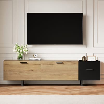 Wishdor - Tv-Meubel - Open Vakken En Laden - Modern Minimalistisch - Woonkamer - Bewerkt Hout - Zwart - 180 X 38 X 49 Cm
