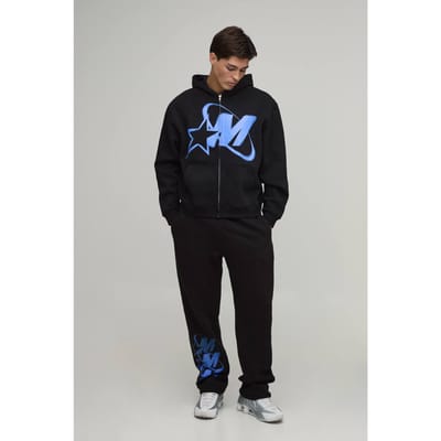 Oversized Boxy Trainingspak Met M-ster Grafische Print En Rits Met Capuchon | Black | Size Medium