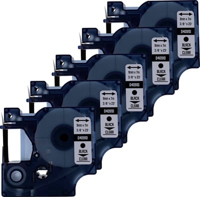 DULA Dymo D1 40910 - S0720670 - Compatible label tape - 5 lettertapes - Zwart op transparant - 9mm x 7m