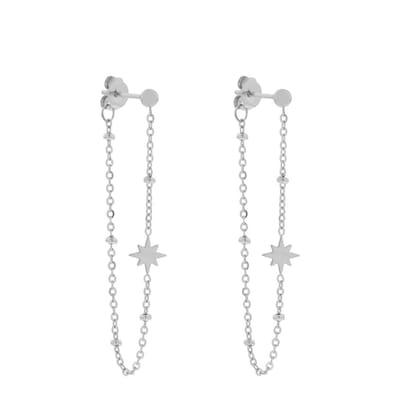 Essentialistics - Stud oorknopjes met ketting noordster - Nikkelvrij - Zilverkleur - Stainless steel (verkleurt niet) - Geleverd met achterkantjes