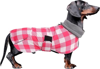 Waterdichte Jassen voor Teckels, Winterjas voor Honden, Gewatteerde Fleece Snowsuit met Verstelbare Bandjes en Reflecterende Streep - Ruitpatroon Roze - M