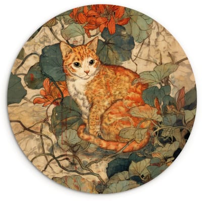 WallCircle® Wandcirkel 120x120 cm - Muurcirkel Kat - Sierlijk - Bloemen - Muurdecoratie woonkamer - Wanddecoratie slaapkamer - Kamer decoratie accessoires - Ronde schilderijen XXL