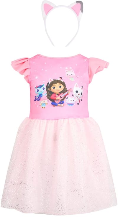 Gabby’s Dollhouse Prinsessenjurk Verkleedset – Prinsessenjurk voor Meisjes – Complete Jurk + Oortjes Haarband – Gabby Kostuum – Verkleedjurk Maat 5-6 Jaar – Ideaal voor Verjaardagen, Verkleedfeest, Cosplay, en Cadeau Meisje – Verjaardag, Party Fun