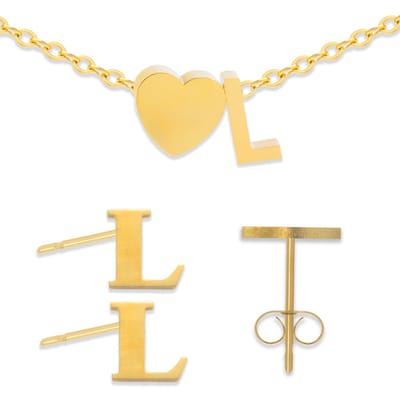 Initiaal Armband & Oorbellen set met Letter L Goudkleurig - Stainless Steel - Met letter & Hartje! - 2x Sieraden Cadeau - Pax Amare