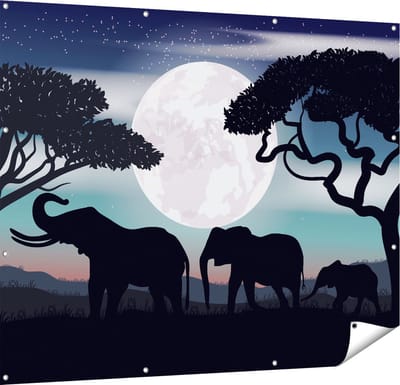 Gards Tuinposter Olifanten Silhouet tijdens Volle Maan - 150x120 cm - Tuindoek - Tuindecoratie - Wanddecoratie buiten - Tuinschilderij