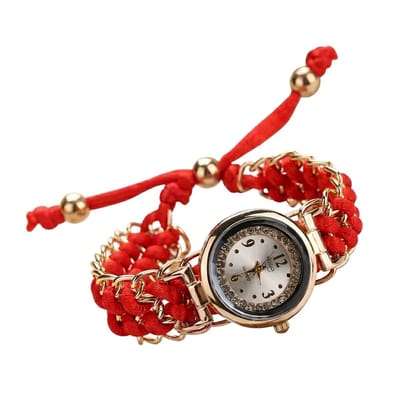 Rood met goudkleurig analoog horloge dames met gevlochten band en ronde wijzerplaat – decoratief polshorloge met kettingdetails en verstelbaar koord
