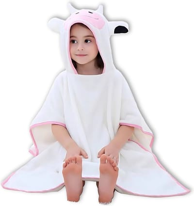 BoefieBoef 2-in-1 Koe Dieren Badponcho & Badlaken voor Baby's, Peuters en Kinderen 1 tot 7 jaar – Eco Bio Katoen – Kerst Cadeau - Comfortabele Zwemponcho - Deken - Badcape - Wikkeldeken - Roze