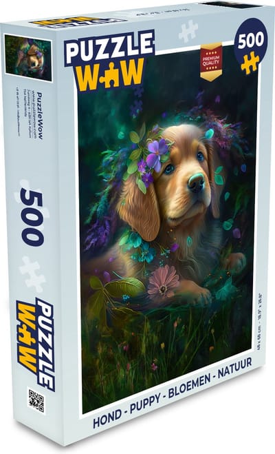 Puzzel Hond - Puppy - Bloemen - Natuur - Golden retriever - Legpuzzel - Puzzel 500 stukjes
