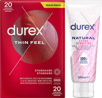 Durex - Condooms Thin Feel 20 stuks - Glijmiddel Sensitive 250 ml - Voordeelverpakking