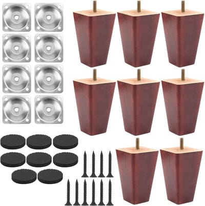 8 stuks houten meubelvoeten, bruinrode houten bankvoeten met schroeven en antislip pads, vierkante houten bankvoeten voor bank, tafel, kast en bed