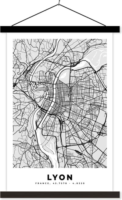 Posterhanger incl. Poster 40x60 cm - Schoolplaat - Plattegrond - Lyon - Stadskaart - Kaart - Frankrijk - Textielposter - Zwarte latten - Stadskaart