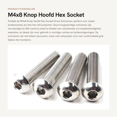 Dailygoods- Schroeven M4x8 - Pack van 100 - Roestvrij Staal - Corrosiebestendig - Draadtekening Oppervlak - Comfortabel Handgevoel - Bevestigingsmiddelen