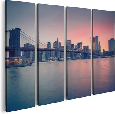 Artaza Canvas Schilderij Vierluik New York Brooklyn Brug Bij Zonsondergang - 80x60 - Foto Op Canvas - Canvas Print