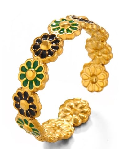 Ring met Bloemen - RVS - One Size - Goudkleurig - Zwart/Groen
