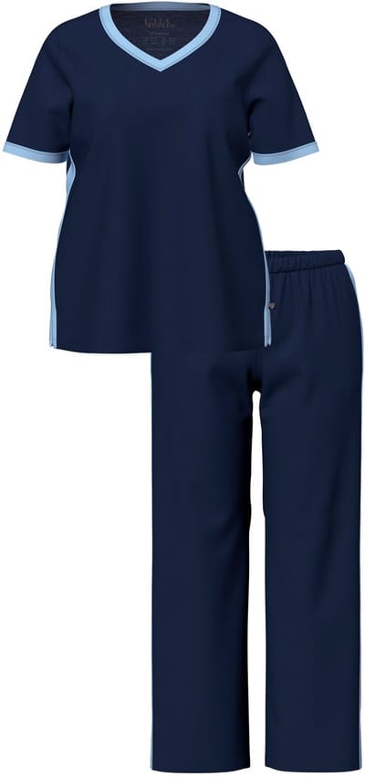 Ulla Popken - Dames - Pyjama zijstrepen V-hals korte mouwen - Nachtblauw - Maat 42+