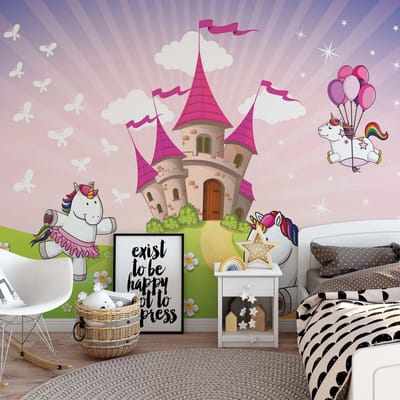 Fotobehang - Vlies Behang - Unicorns bij het Sprookjeskasteel - Eenhoorns in Sprookjesland - Kinderbehang - 416 x 290 cm