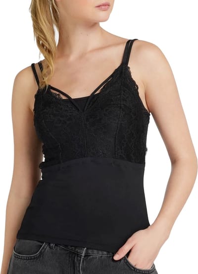 Dames hemd kant - Lace top Nichelle - Dames kanten onderhemd - Microfiber spaghetti bandjes - Zwart / XS