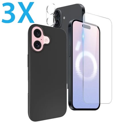 Back cover Silicone hoesje zwart met Screenprotector Glas 1x en Camera lens protector 1x Geschikt voor: iPhone 16 Plus