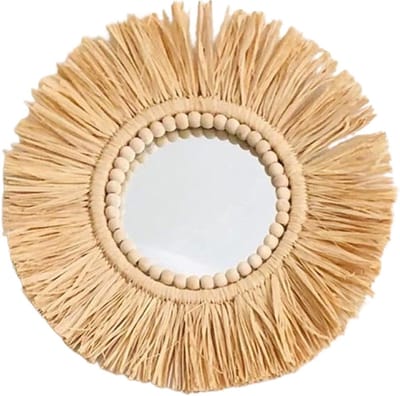 Hangende Spiegel met Touw en Houten Kralen - Marokkaanse Decoratie voor Thuis, Woonkamer en Entree