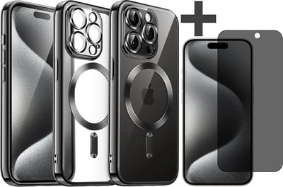 Hoesje met Privacy Screenprotector Geschikt voor iphone 15 Pro Max Hoesje - Geschikt voor MagSafe - Arara siliconen Backcover - Zwart