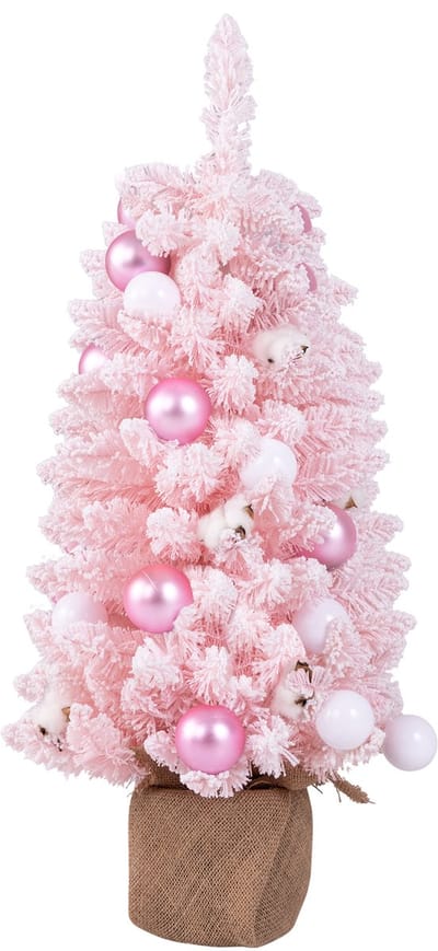 COSTWAY 90 cm mini-kunstkerstboomtafel, dennenboom klein met sneeuw en cementbasis, kerstboom met 136 takpunten, 12 wattenballen en 24 ballen, kunstboom, decoratieve boom voor thuis en op kantoor