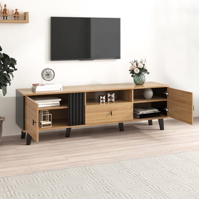 STILVORA TV-Kast - TV-Meubel 170 cm Met Houtlatten En Zwart Accent - 2 Deuren En Lade Voor Woonkamer - Spaanplaat;Glas - 170x40x50,5 cm - Zwart+Bruin
