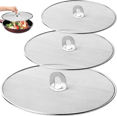 Set van 3 RVS Spatdeksels voor Pannen - Universele Oplossing voor Vetspatten, 33 cm, 29 cm, 25 cm, Ideaal voor Kookpannen en Casseroles