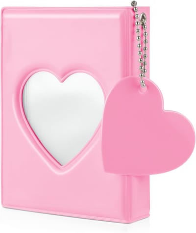 Mini fotoalbum met hartvormige holle kaft, 32 fotokaarten slots en hanger, 9 cm, ideaal voor herinneringen en cadeau's (roze)