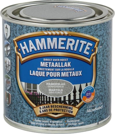 Hammerite Metaallak Hamerslag - Donker Grijs - Donker Grijs - 250 ml - 10 m²/l - Afwerkingslaag