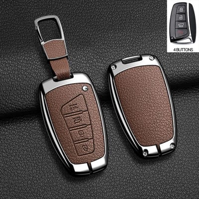 Housse de protection pour clé de voiture en alliage de zinc et cuir pour Hyundai Grandeur Hg Sedan Santa Fe 3Dm Grand Santafe Ix45 Equus Azera Genesis brown