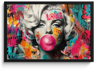 Poster in lijst - Fotolijst 60x40 cm - Posters - Vrouw - Kauwgom - Graffiti - Neonkleuren - Posterlijst zwart - Decoratie - Wanddecoratie woonkamer - Muurdecoratie slaapkamer