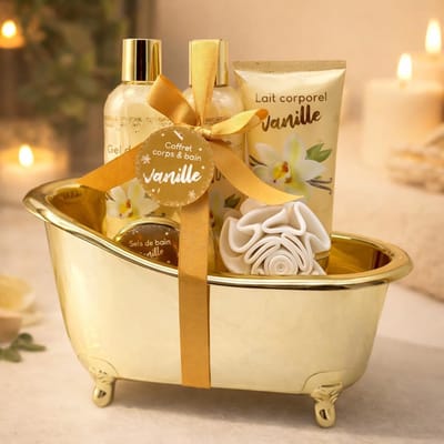 Badkuip Geschenkset - Ontspanningspakket - Thuis Spa - Geurige Vanille - 190ml 260ml 80g - Goud