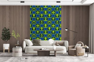 Behang - Fotobehang Patronen - Robot - Geel - Blauw - Jongens - Kinderen - Kids - Jongetje - Breedte 200 cm x hoogte 300 cm