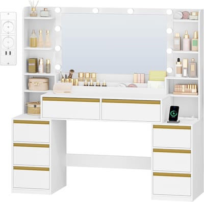 Grote Kaptafel - Make-uptafel met spiegel - Dagelijkse verzorging - Geïntegreerde LED-verlichting - 40x135x1452 cm - Wit-Goud